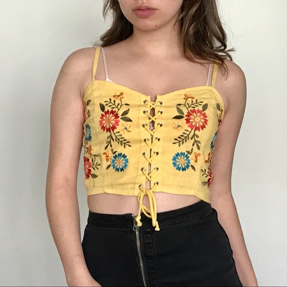 Love Tree Tops - Love Tree Embroidery Yellow Crop Top SZ S NWT